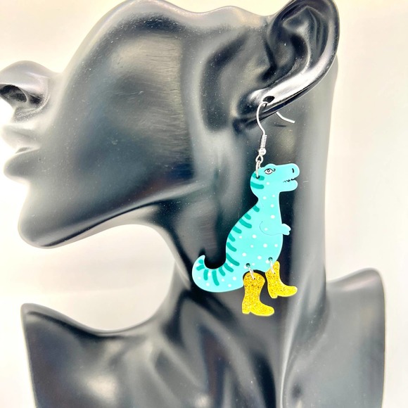 Dinosaurs With Gold Boots Earrings - Dinosaur Earrings - Trending Earrings - Picture 7 of 8